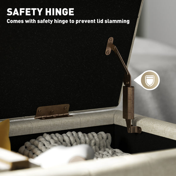 Linen fabric storage pouf with button tufting, beige