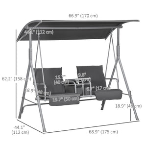 2-Seater Outdoor Porch Swing with Adjustable Canopy and Table, Patio Swing Chair for Garden, Poolside, Backyard, Grey