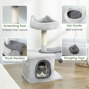 71 cm cat tree with soft bed, comfortable den, scratching post and hanging ball, light grey