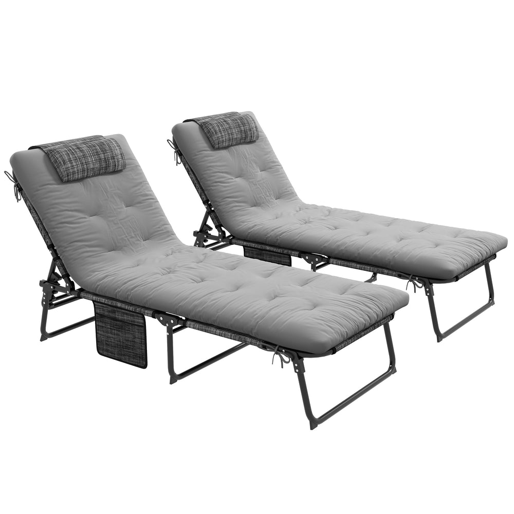 Lot de 2 chaises longues pliantes grises avec dossier réglable, coussin, appui-tête et poche latérale, parfaites pour bronzer sur une terrasse ou au bord de la piscine