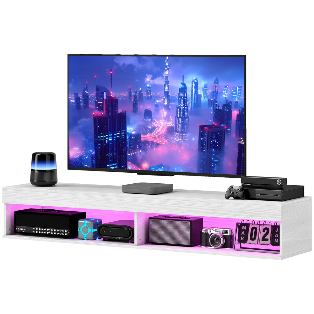 Modern wall-mounted TV unit with storage and LED lighting for TVs up to 75 inches, white