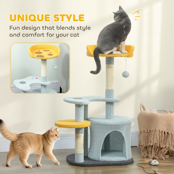80cm Cat Tree with Plush Perch, Platform, Hideaway, Scratching Post and Play Ball, Blue