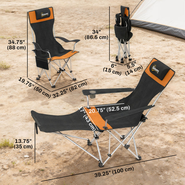 Set of 2 Reclining Camping Chairs with Footrests, Foldable with Headrest, Cup Holder, and Storage Bag, Orange