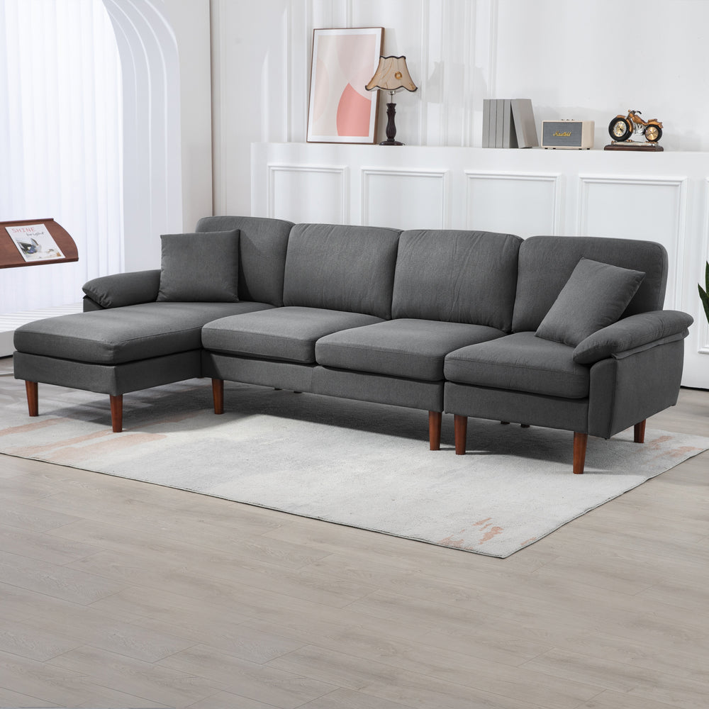 Modern L-shaped sectional sofa with removable chaise, cushions and wooden legs, dark gray