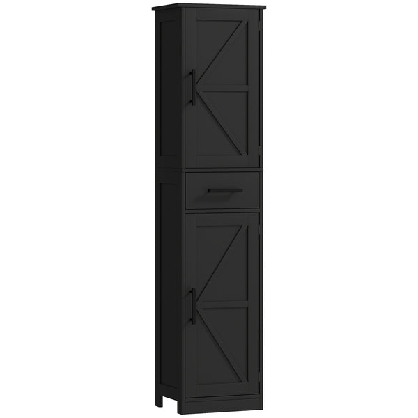 Bathroom cabinet 170 cm high with drawer, barn doors and adjustable shelves, black