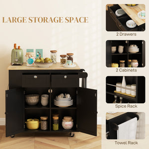 Kitchen island with power outlet and drop leaf, 2 drawers and adjustable shelves, black