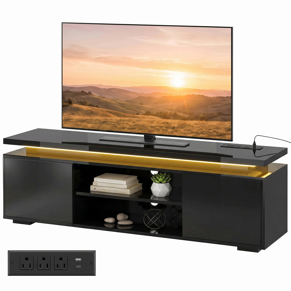 TV stand for TVs up to 60 inches with LED lighting and power outlets, high-gloss black