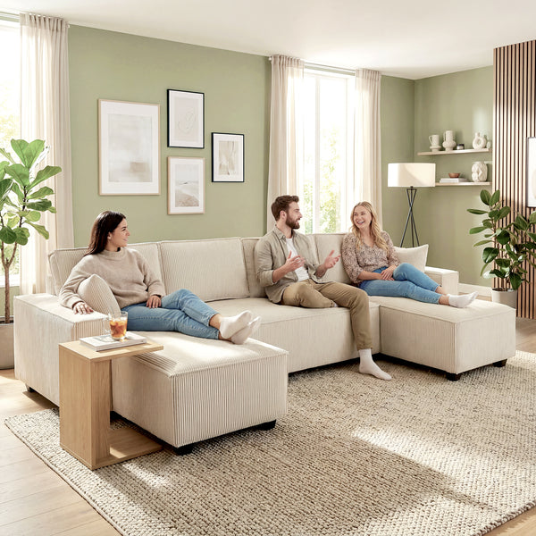Modular U-shaped sectional sofa with double chaise longue and spring cushions, beige