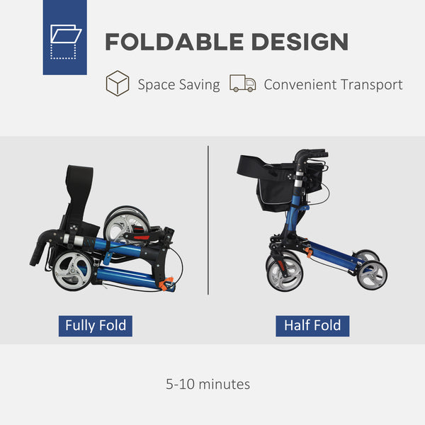 Lightweight folding walker with large seat, backrest and adjustable handle blue
