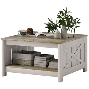 Farmhouse Style Two-Tier Square Coffee Table, Weathered Oak and Brown