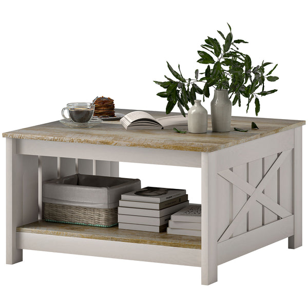 Farmhouse Style Two-Tier Square Coffee Table, Weathered Oak and Brown