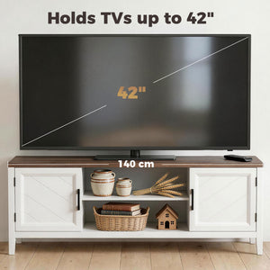 TV stand for TVs up to 42 inches with 2 open shelves, 2 cupboards, thick top, white and brown