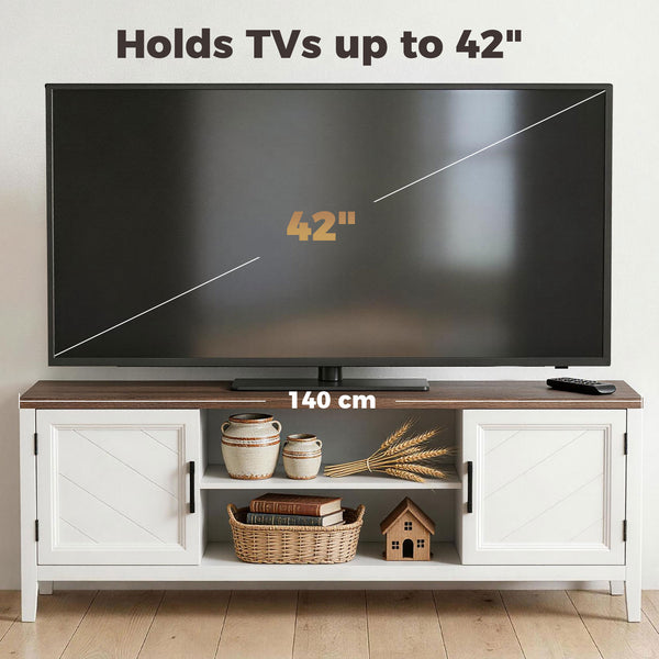 TV stand for TVs up to 42 inches with 2 open shelves, 2 cupboards, thick top, white and brown