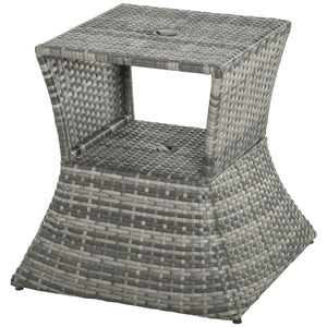 Square side table in woven rattan with parasol hole and 2-tier storage