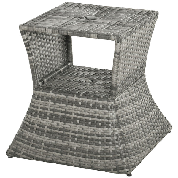 Square side table in woven rattan with parasol hole and 2-tier storage