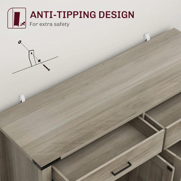Farmhouse accent cabinet with 2 drawers and shelves, grey