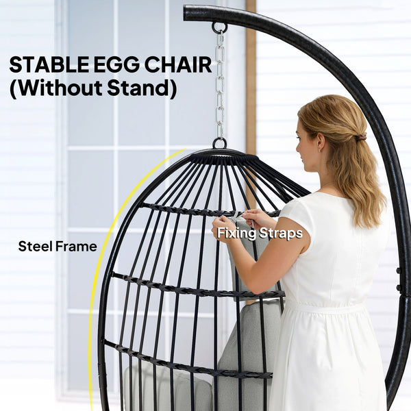 Hanging Egg Chair Without Stand, Foldable Basket Swing Chair with Head Pillow, Soft Cushion and Cup Holder, Dark Grey