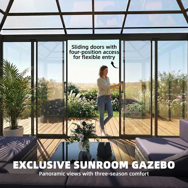 10' x 14' outdoor gazebo with rigid roof, aluminum veranda with sliding doors, double roof, dark gray