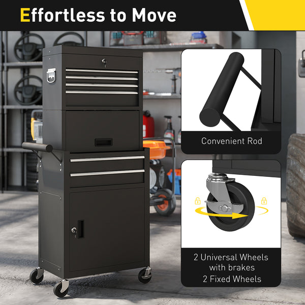 3-in-1 rolling tool chest with 6 drawers and pegboard, black