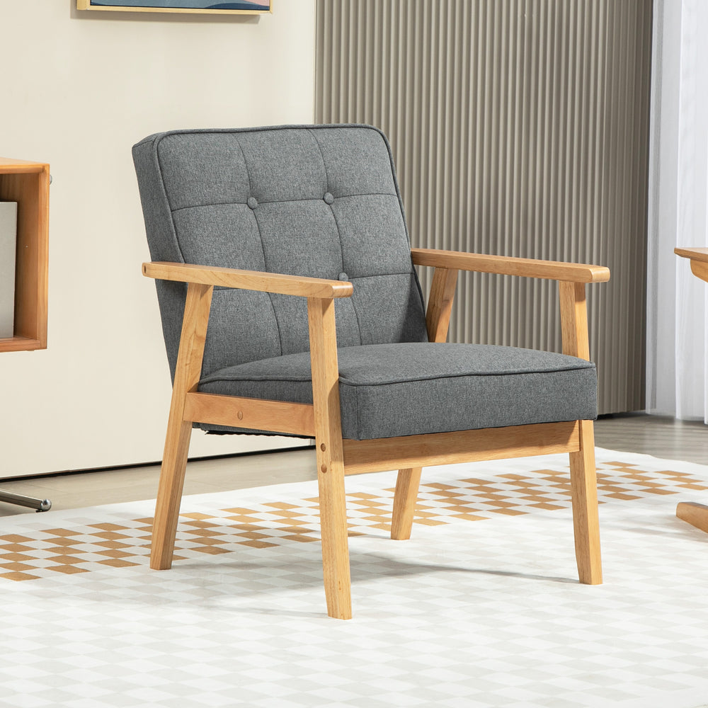 Fauteuil d’appoint moderne en tissu gris avec dossier capitonné et structure en bois massif, parfait pour une chambre à coucher ou un coin lecture élégant

