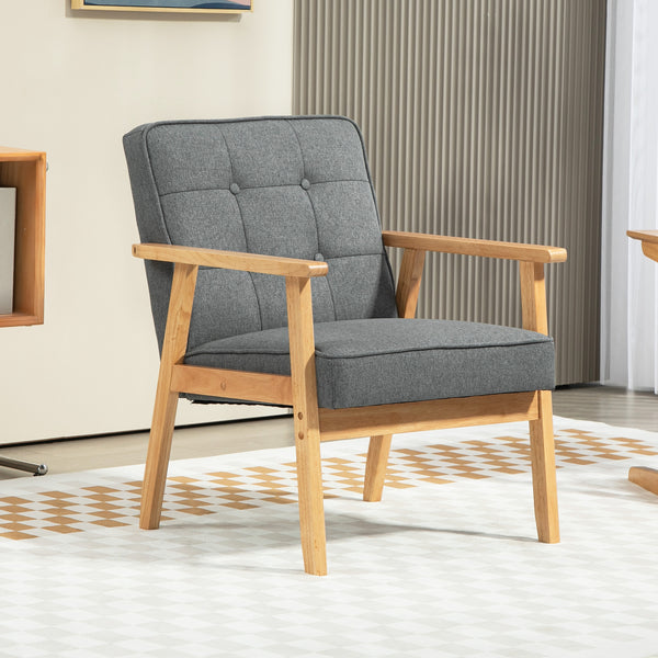 Fauteuil d’appoint moderne en tissu gris avec dossier capitonné et structure en bois massif, parfait pour une chambre à coucher ou un coin lecture élégant

