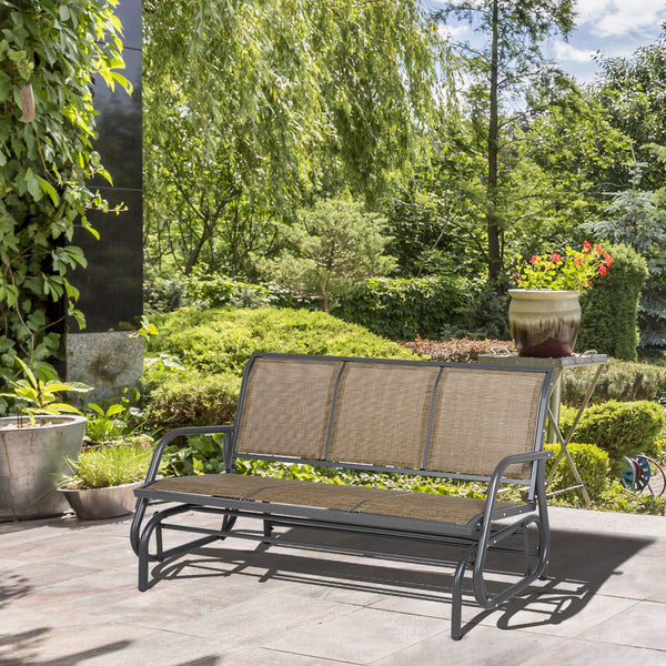 Fauteuil à bascule 3 places avec structure en acier et assise en tissu marron, parfait pour un espace extérieur comme un jardin ou une terrasse