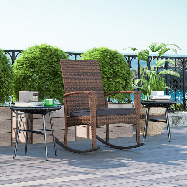 Fauteuil à bascule de jardin Outsunny en rotin synthétique tressé avec coussin bleu foncé, confortable et élégant pour l’extérieur