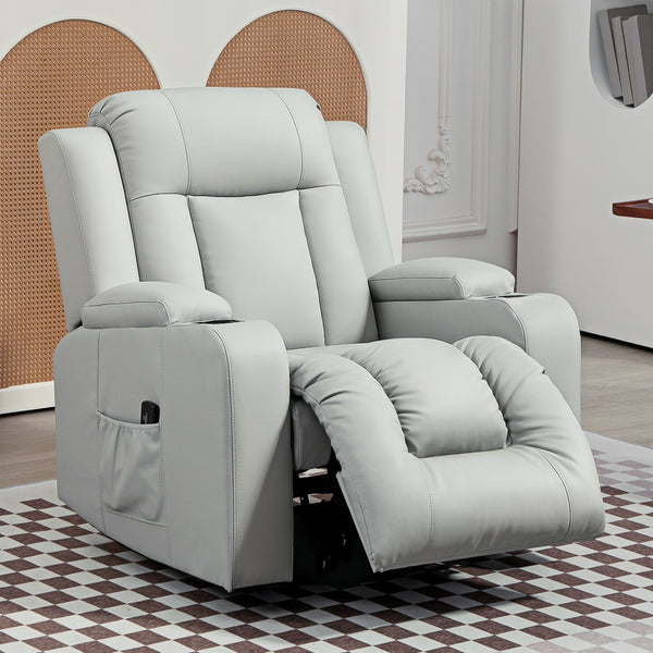 Fauteuil inclinable rembourré en cuir PU gris clair avec 8 points de vibration pour massage, assise large, porte-gobelets intégrés et fonction bascule, idéal pour salon ou coin détente