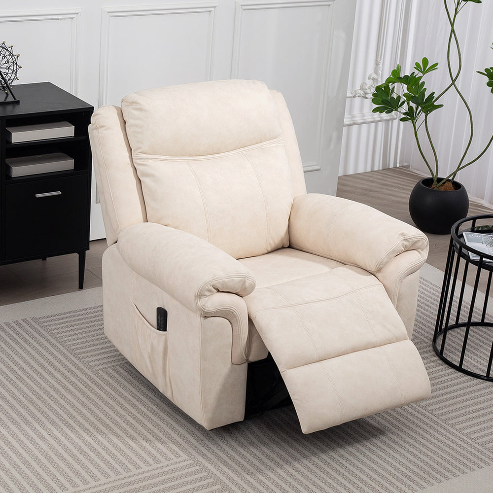 Fauteuil inclinable en microfibre blanc crème avec massage par vibrations et poches latérales – fauteuil de salon confortable et relaxant