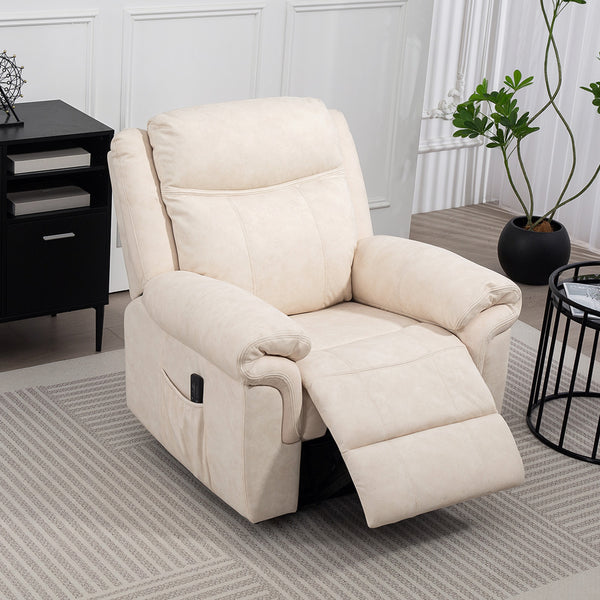 Fauteuil inclinable en microfibre blanc crème avec massage par vibrations et poches latérales – fauteuil de salon confortable et relaxant
