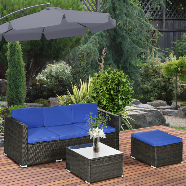 3 Pieces Patio Furniture Set with Cushions, Outdoor PE Rattan Wicker Conversation Corner Sofa Set with Glass Top Table and Adjustable Foot for Garden, Lawn, Blue