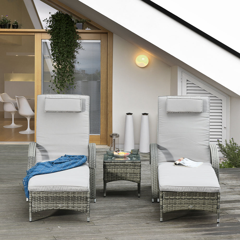 Patio Rattan Lounge Set, Wheeled Wicker Chaise Lounge Chair and Table with Tempered Glass Top, Mixed Grey