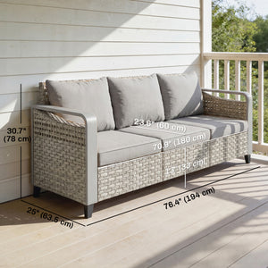 3-seater outdoor braided rattan sofa with cushions, grey