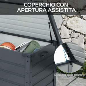 Waterproof garden storage box with wheels and handles, dark grey