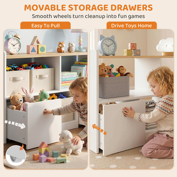 Rangement pour jouets avec 2 tiroirs amovibles et 3 compartiments, blanc.