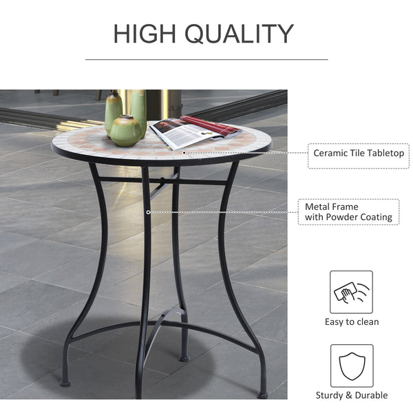 23.5" Mosaic Round Patio Table, Metal Side Bistro Coffee Table, Outdoor Furniture, Ceramic Tabletop for Garden Lawn