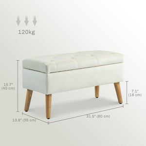 Storage ottoman with velvet upholstered lid and wooden legs, cream white
