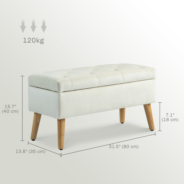 Storage ottoman with velvet upholstered lid and wooden legs, cream white