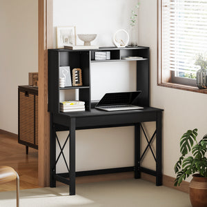 Computer desk with shelf, storage and open compartments, black
