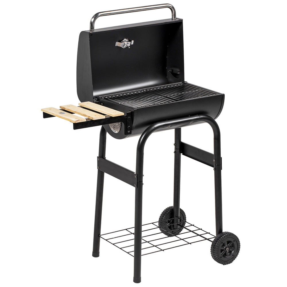 Charcoal barbecue with thermometer, shelves and wheels, black