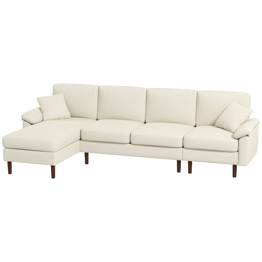 Modern L-shaped sectional sofa with removable chaise, cushions and wooden legs, cream white