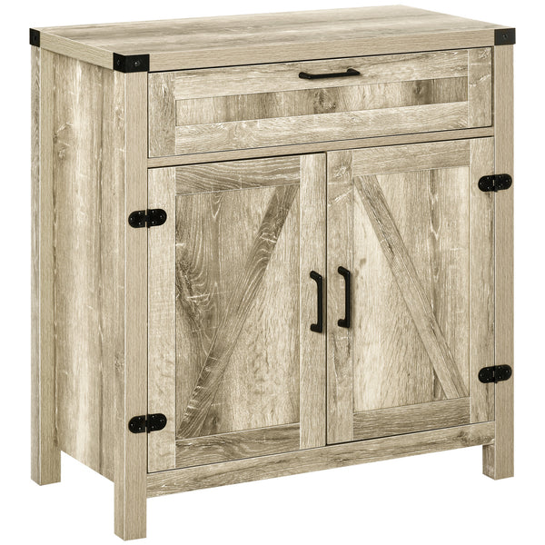 Farmhouse-style kitchen buffet with 2 rustic barn doors and a drawer, in oak
