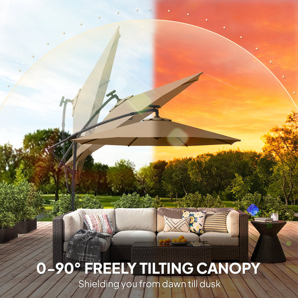 2.95 m cantilever patio umbrella with solar lighting, protective cover, tilt function, crank, khaki