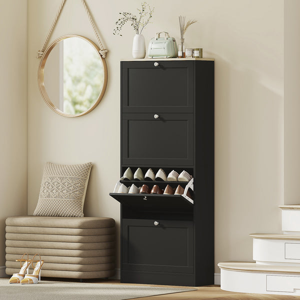 Modern shoe cabinet with 4 hinged drawers and adjustable shelves, for 18 to 24 pairs of shoes, black