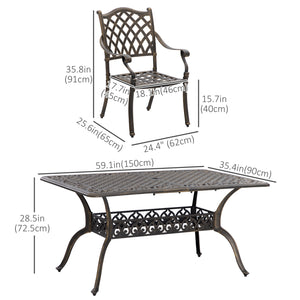 7 Piece Cast Iron Garden Dining Set with 6 Upholstered Chairs and Rectangular Dining Table, Khaki