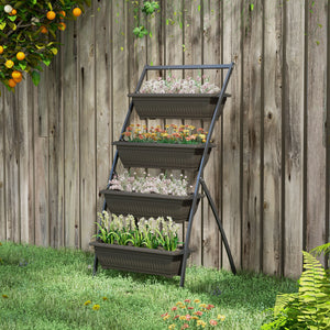 4-Tier Vertical Raised Garden Bed with 4 Outdoor Planters, Brown