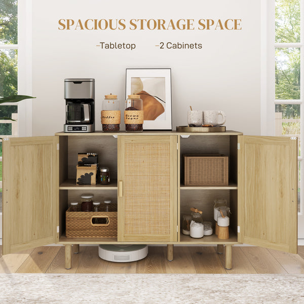Bohemian buffet with 3 rattan doors and shelves, for living room or entryway, in oak.