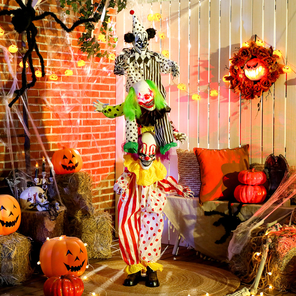 Animated Halloween decoration with 3 stacked clowns, movements, sounds and lights – Multicolor