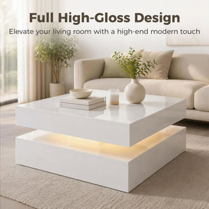 LED Coffee Table with 2-Tier Storage with Open Shelf and Remote Control for Living Room, High Gloss White