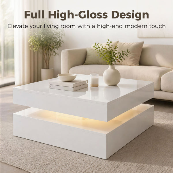 LED Coffee Table with 2-Tier Storage with Open Shelf and Remote Control for Living Room, High Gloss White